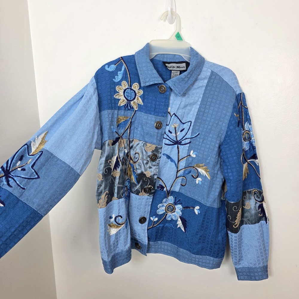 Indigo Moon Blue Patchwork Floral Embroidered Artsy Button Up Jacket Size Medium